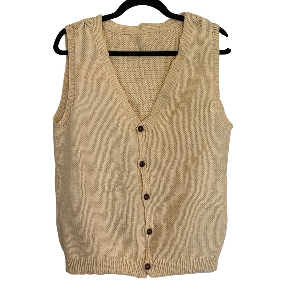 Handmade Vintage Cream Knit Button Front Cardigan Vest V-Neck Ivory Sleeveless